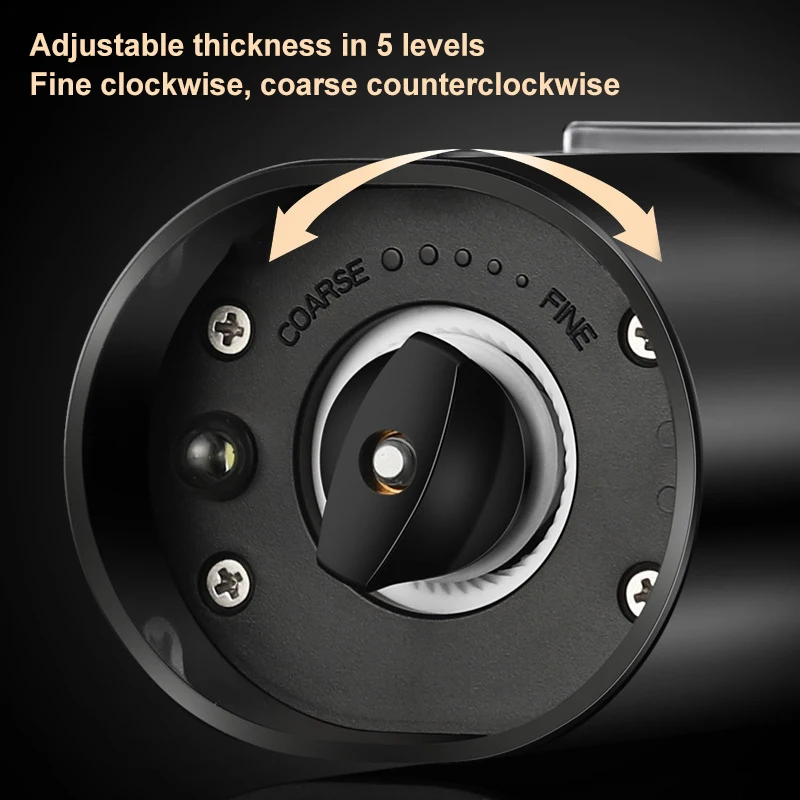 Close-up of a black adjustable dial with text reading 'Adjustable thickness in 5 levels' and 'Fine clockwise, coarse counterclockwise,' plus curved arrows indicating rotation.