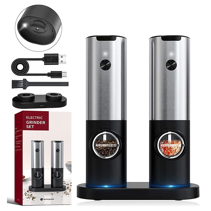 Electric grinder set with packaging, USB cable, and attachments on a white background