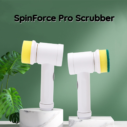 Two white SpinForce Pro scrubber heads with yellow and green sponge attachments displayed on white marble pedestals against a green background, with the text 'SpinForce Pro Scrubber' at the top.
