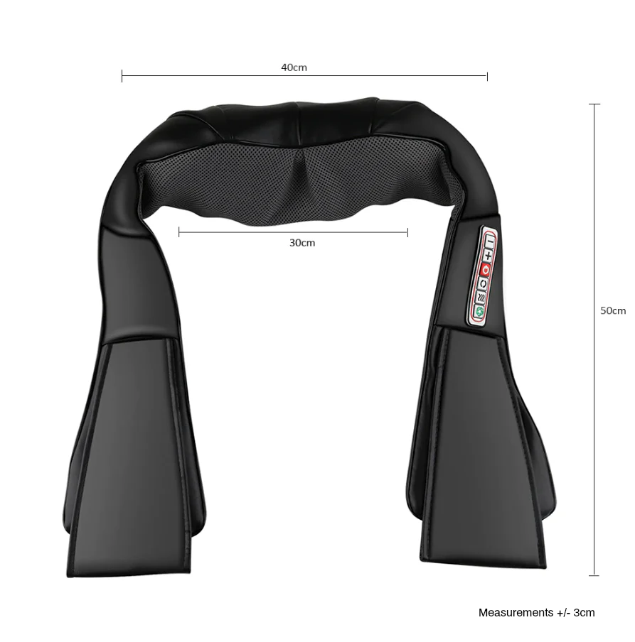 Black neck massager with measurements on a white background