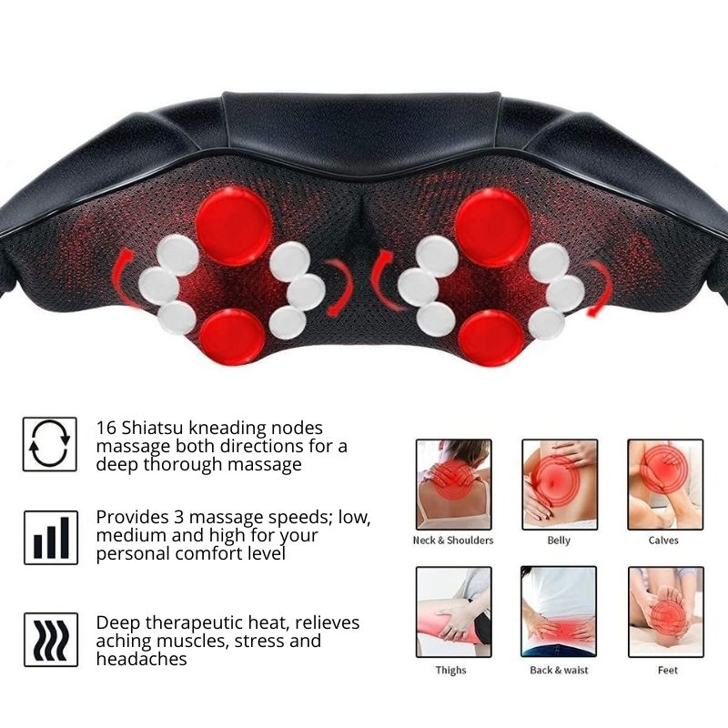An electric neck and shoulder massage pillow with red and white knading nodes, shown with feature callouts and usage examples on a white background.