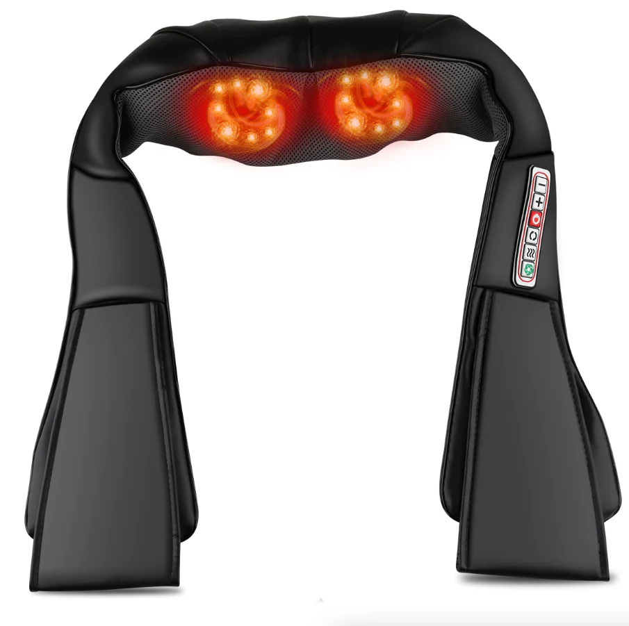 Black neck and shoulder massager with red lights on a white background