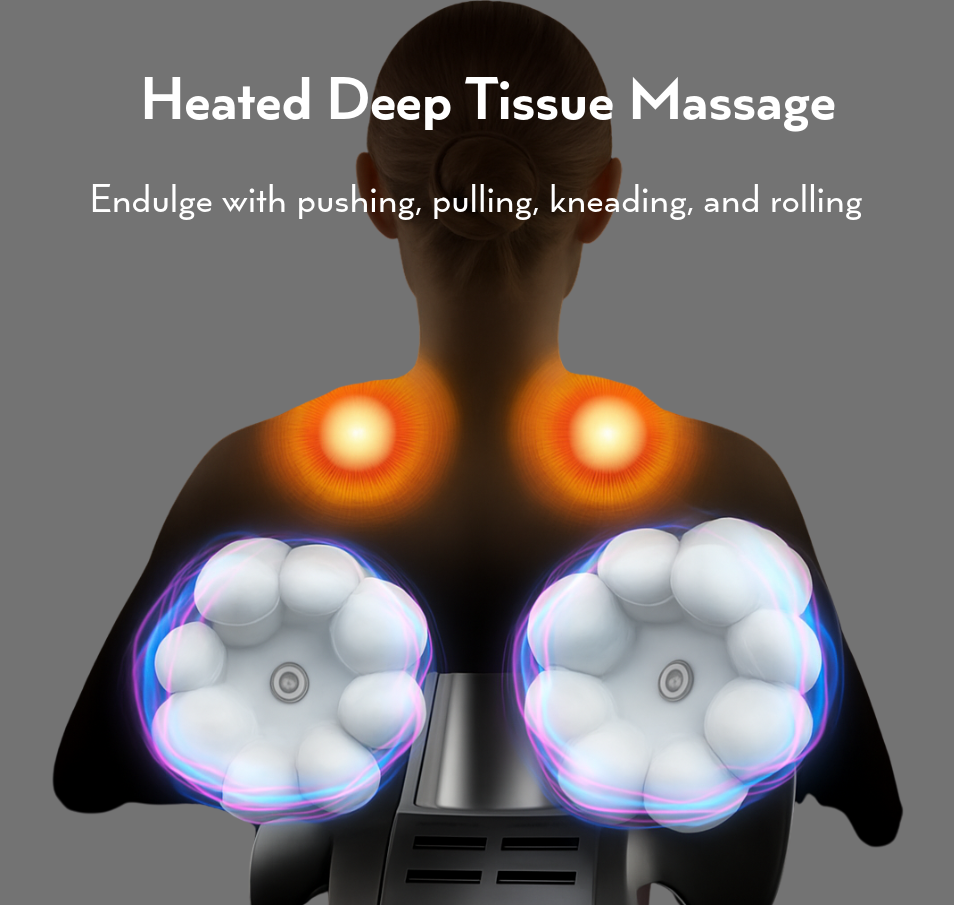 A person shown from the back wearing a heated deep tissue massage device on the upper back and shoulders, with glowing orange heat zones over the shoulders and two white oval massage heads outlined in blue light on a gray background with text reading 'Heated Deep Tissue Massage'.