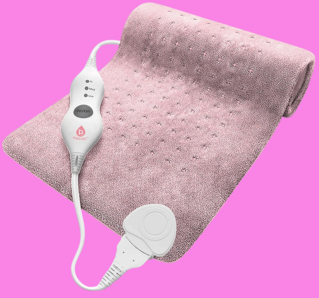 A pink heated massage blanket with a white wired remote control and a matching white electrode pad, shown on a solid pink background.