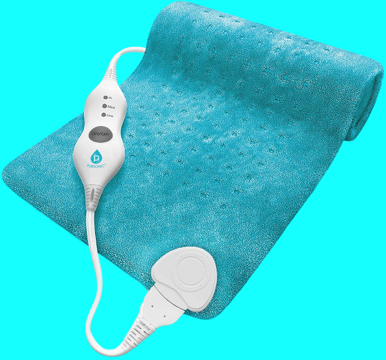 A teal blue heated massage blanket with a white wired controller and a matching white electrode pad, shown on a bright cyan background.