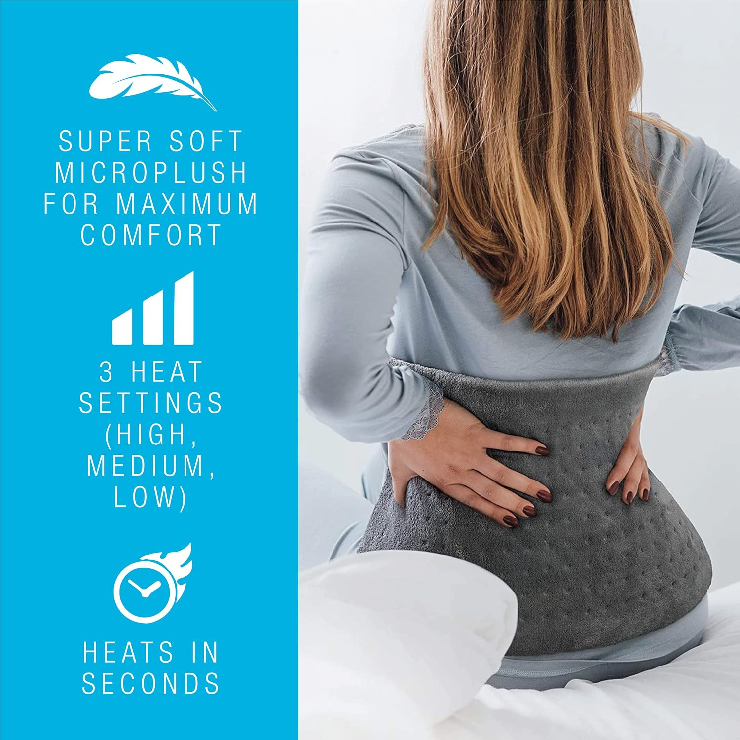 Woman using a gray heating pad with text on comfort and features.