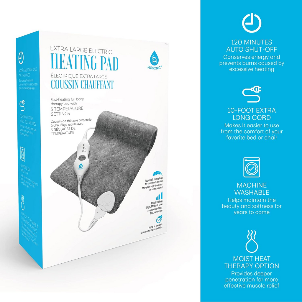 Extra large electric heating pad with packaging on a white background