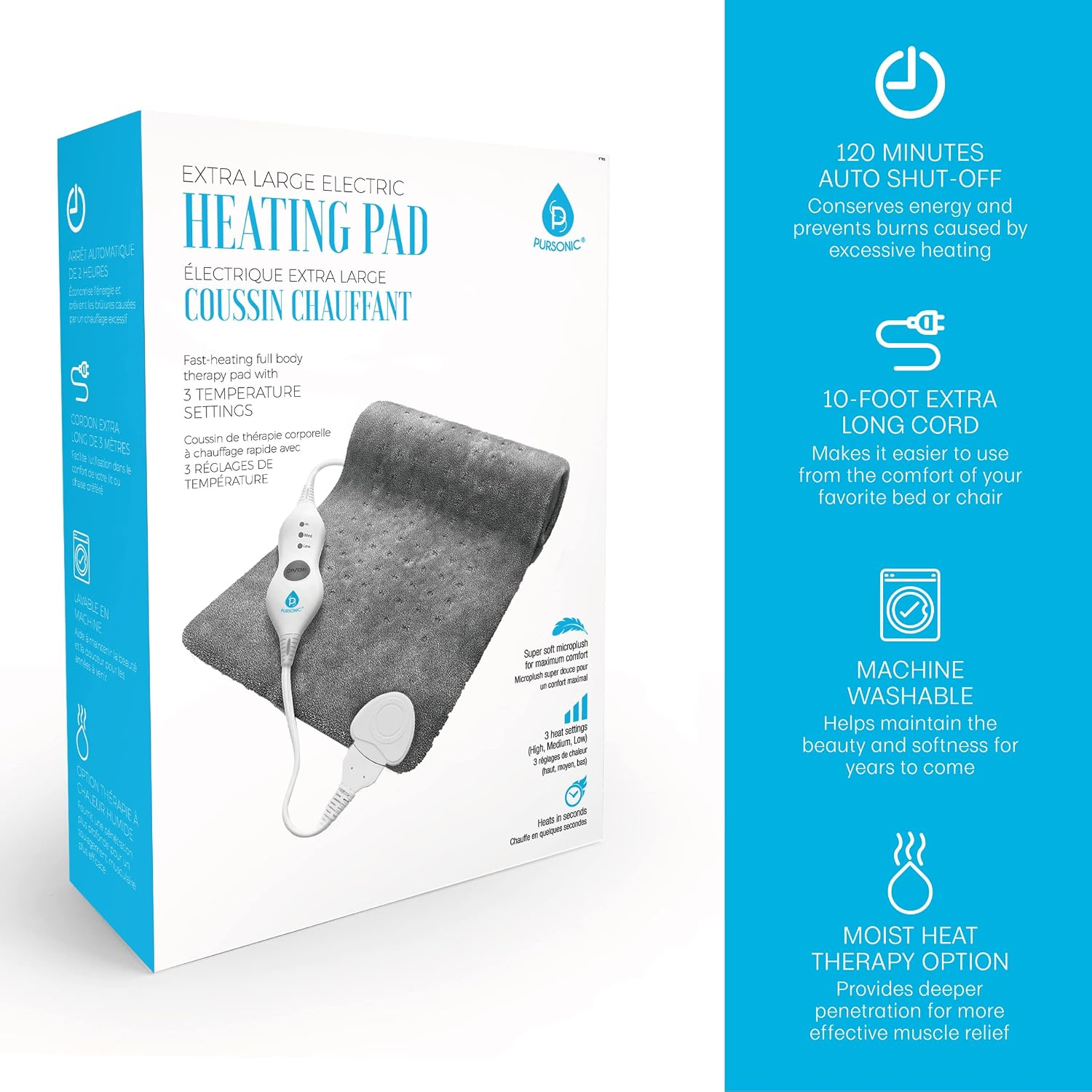 Extra large electric heating pad with packaging on a white background