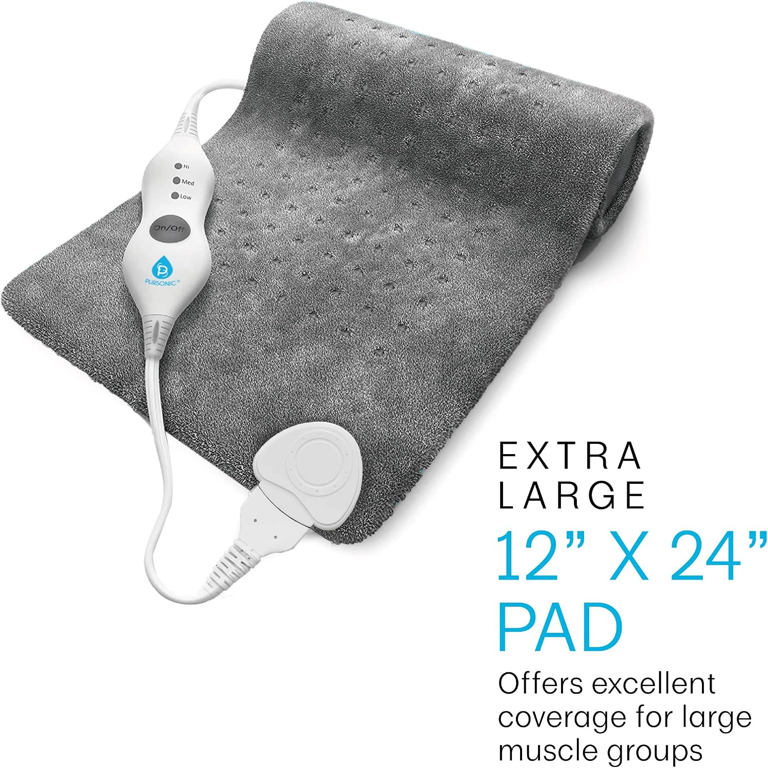Gray heating pad with white control unit on a white background