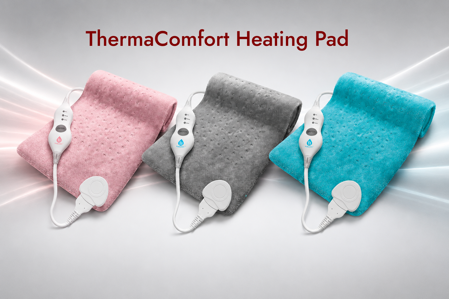 Three ThermaComfort heating pads in pink, gray, and turquoise blue, each with an attached white wired controller, displayed on a light gray background with the text 'ThermaComfort Heating Pad' at the top.
