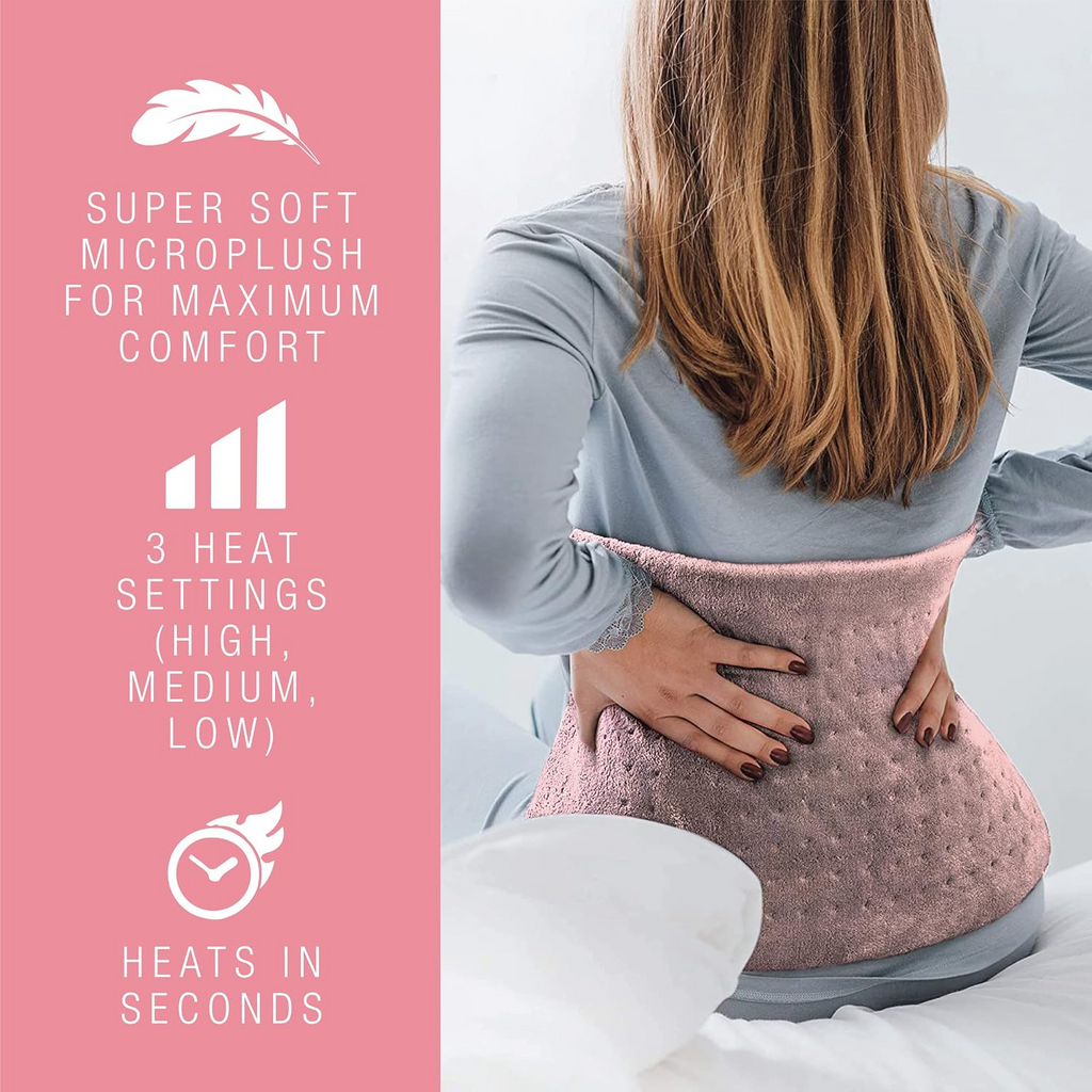 Woman using a pink heating pad with text on comfort and features.
