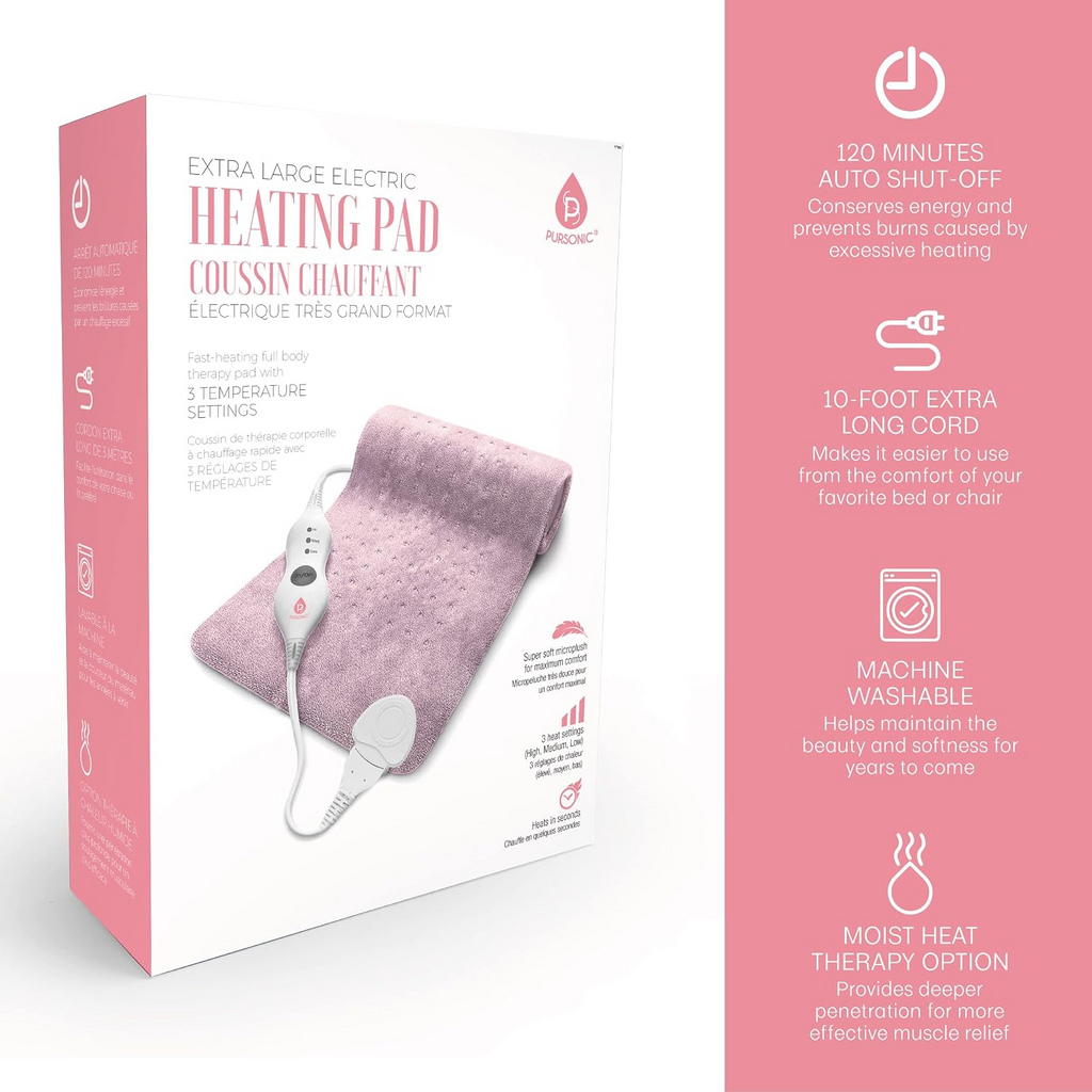 Extra large electric heating pad with packaging on a white background