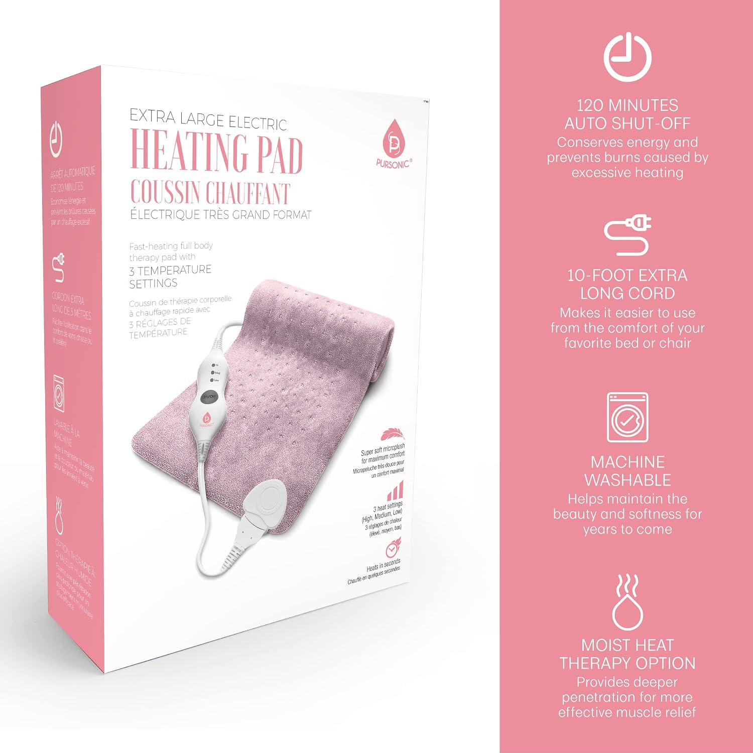 Extra large electric heating pad with packaging on a white background