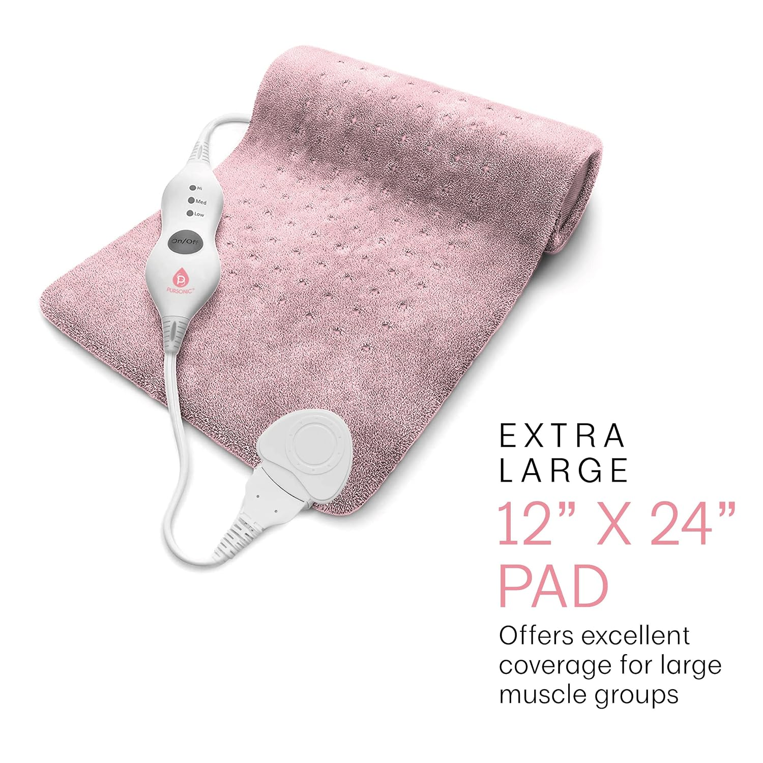 Pink heating pad with white control unit on a white background