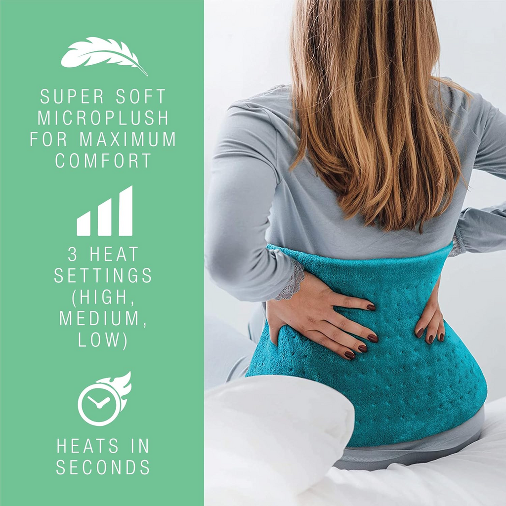 Turquoise heating pad being used on a person's back with product features listed on the left.