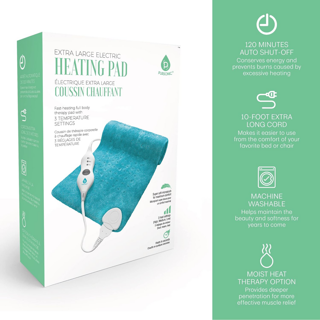 Extra large electric heating pad with packaging on a white background