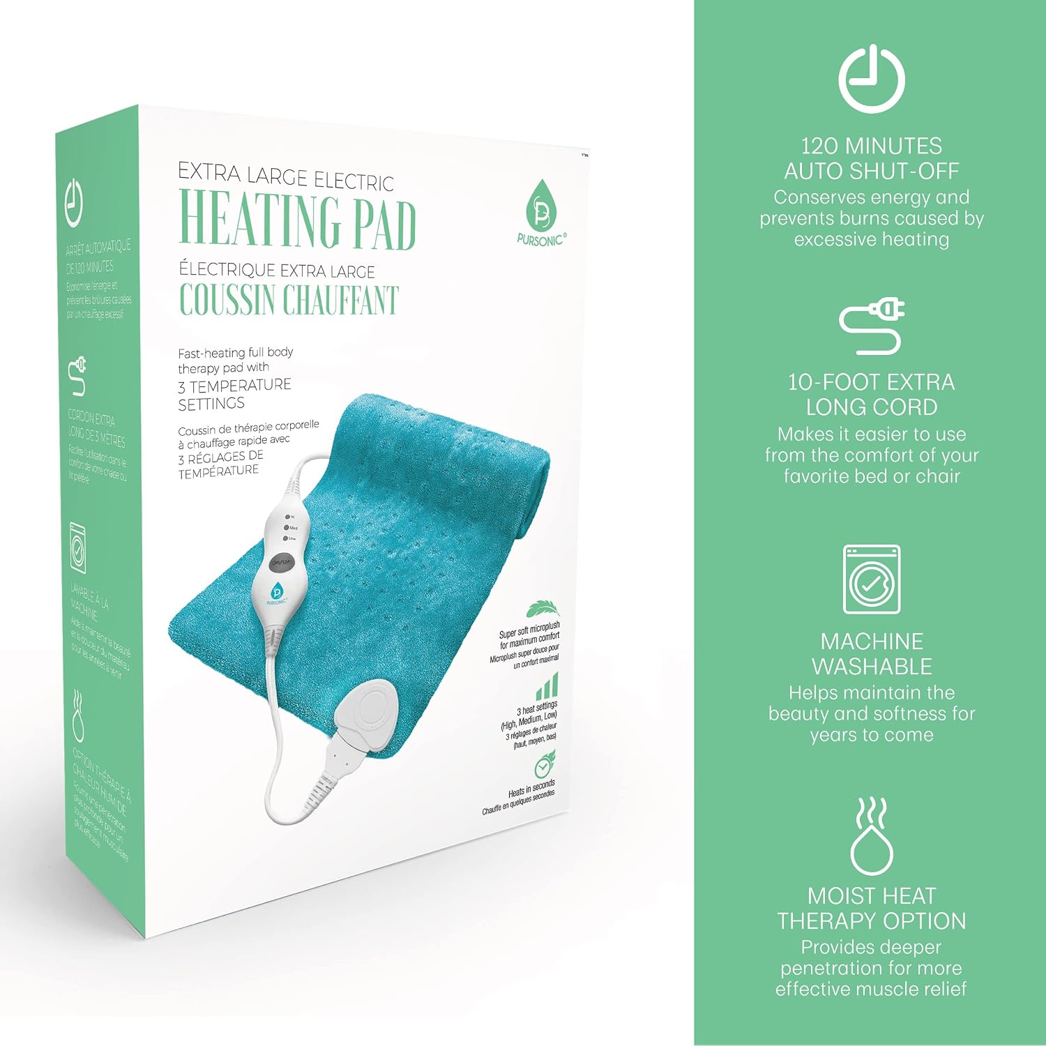 Extra large electric heating pad with packaging on a white background