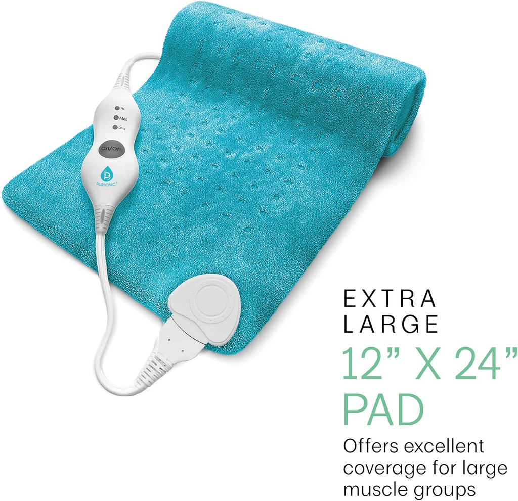 Turquoise heating pad with white control unit on a white background