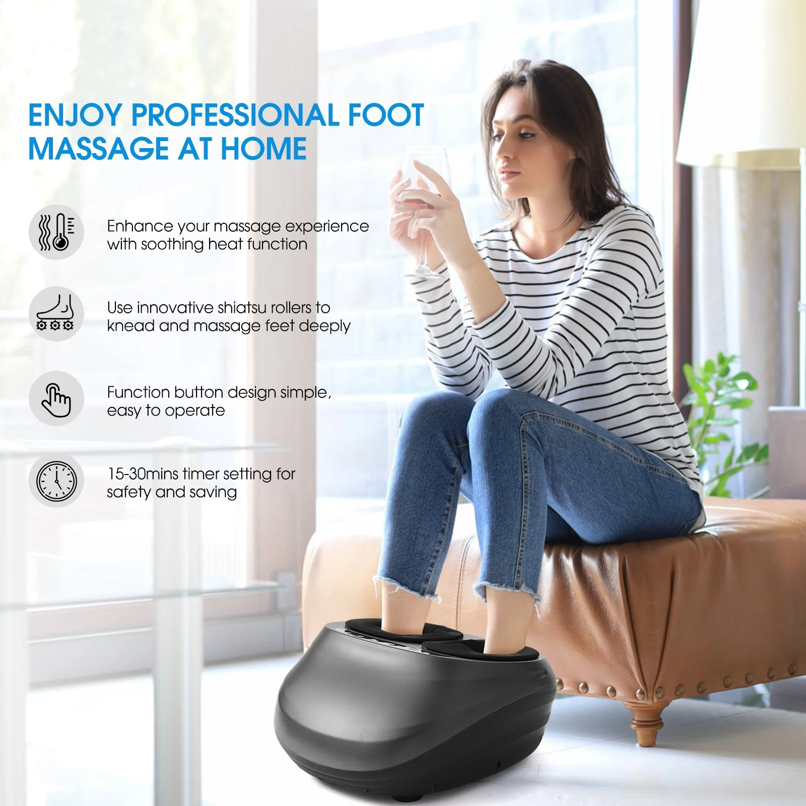Woman using a foot massage device in a home setting with text highlighting features.