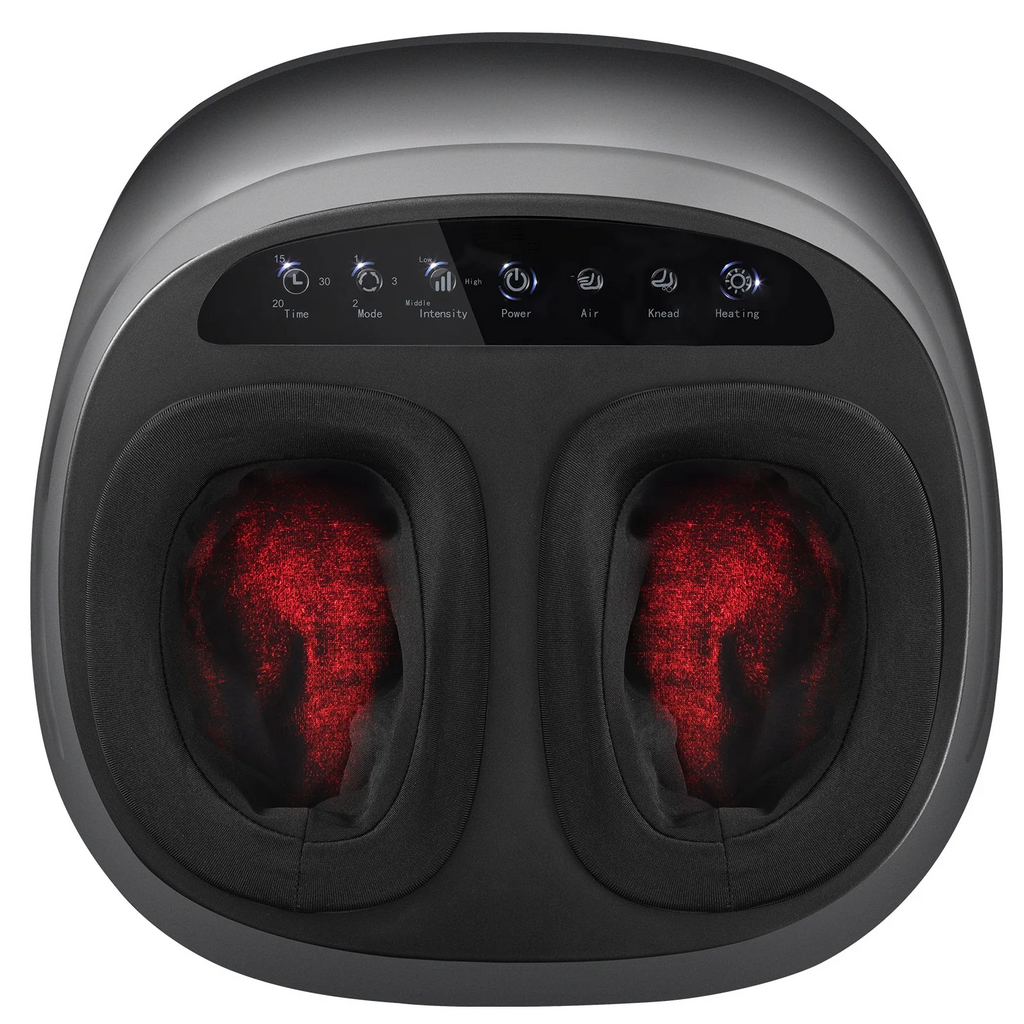 Black foot massager with red heating elements on a white background