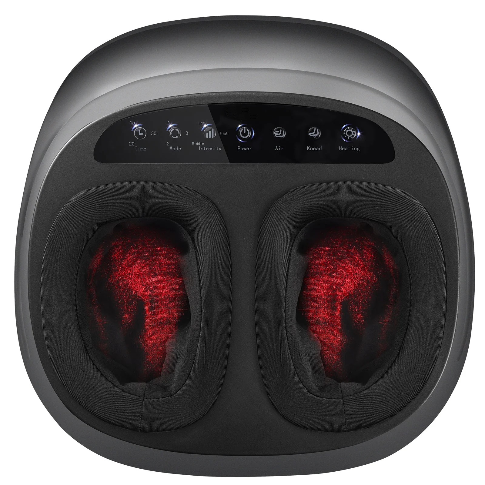Black foot massager with red heating elements on a white background