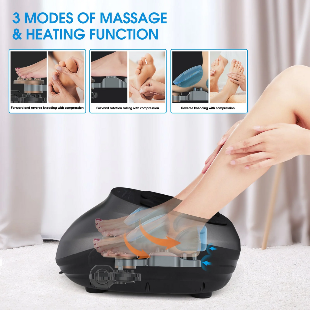 A black foot massage and heating device shown with a person's leg inserted, plus three inset demonstration photos and blue text reading '3 MODES OF MASSAGE & HEATING FUNCTION.' Because a real body part and a real indoor setting are visible, this is Lifestyle rather than Product/Packaging.