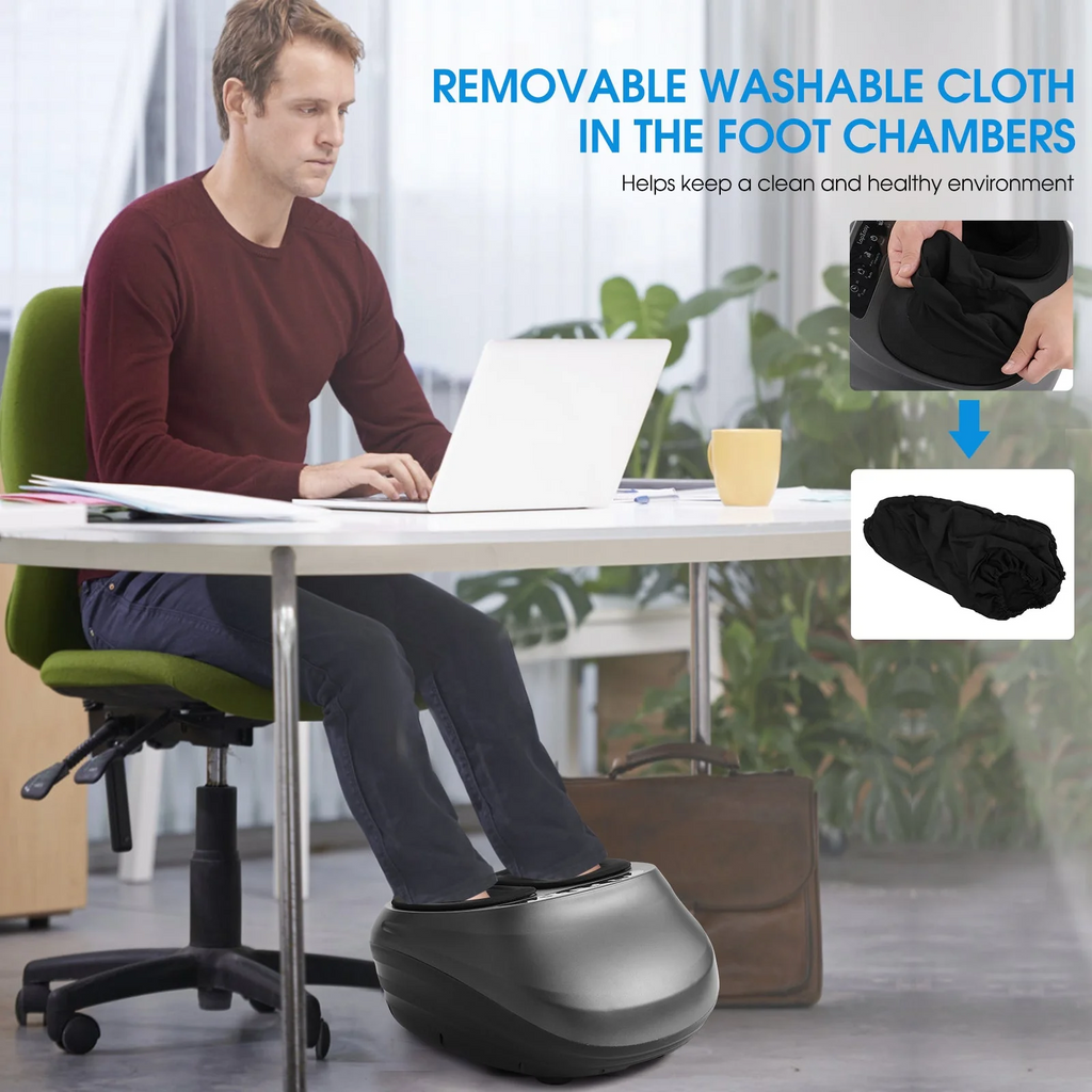 Man using a foot massager at a desk with text about removable washable cloths.