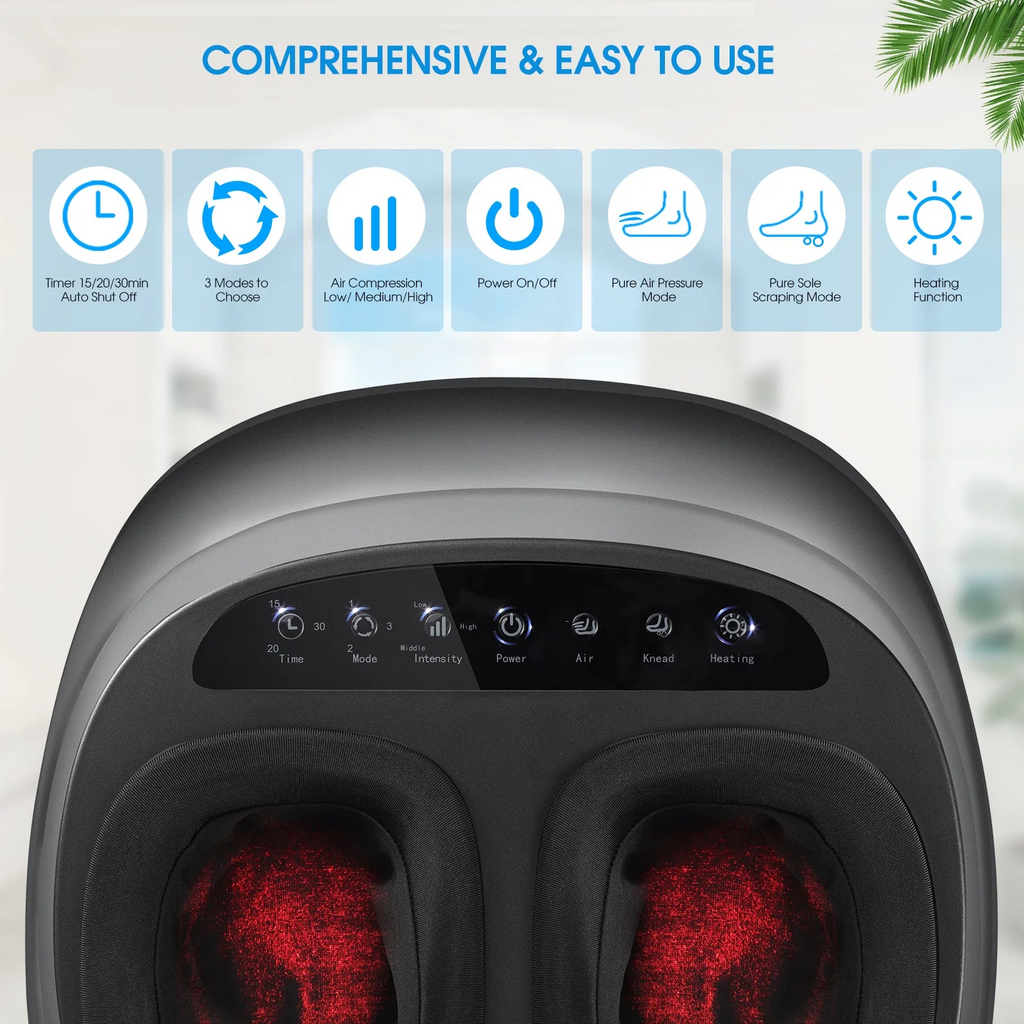 A foot massage machine shown from above, with glowing red massage pockets and a control panel. Above it is a light blue feature banner with icons and text reading 'COMPREHENSIVE & EASY TO USE' and small labels for timer, modes, compression, power, massage modes, and heating function.