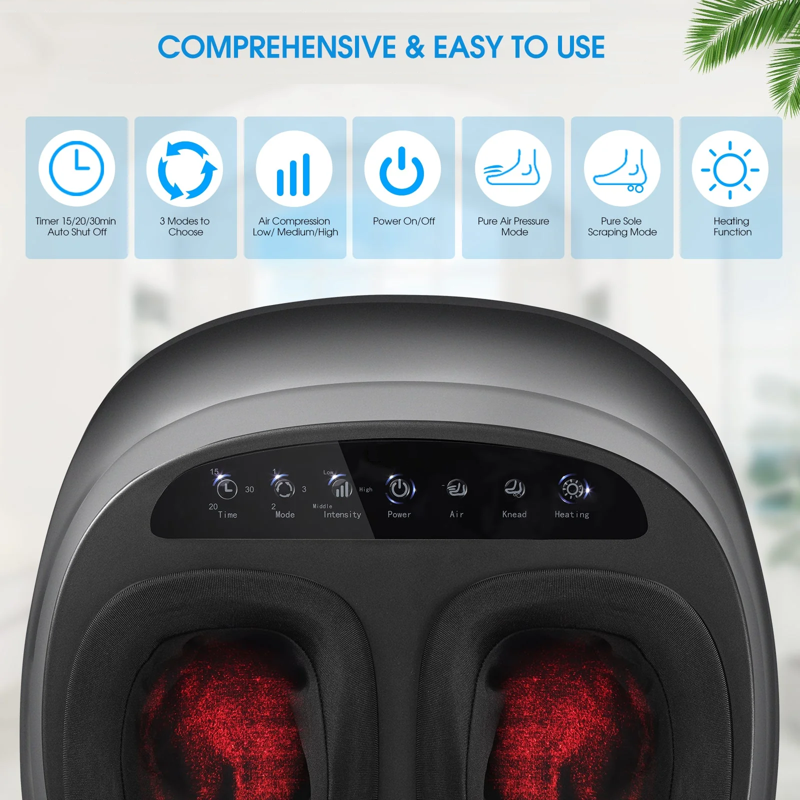 A foot massage machine shown from above, with glowing red massage pockets and a control panel. Above it is a light blue feature banner with icons and text reading 'COMPREHENSIVE & EASY TO USE' and small labels for timer, modes, compression, power, massage modes, and heating function.