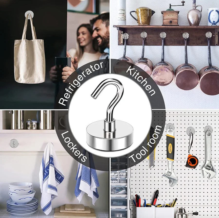 Multifunctional magnetic hook with various applications including kitchen, tool room, and locker use.