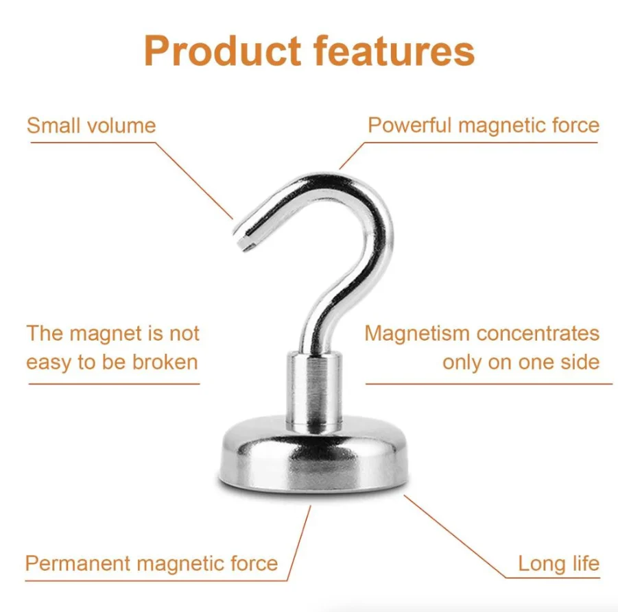 A silver metal hook with a round base, shown on a white background with orange text labels pointing out product features such as small volume, powerful magnetic force, one-sided magnetism, permanent magnetic force, and long life.