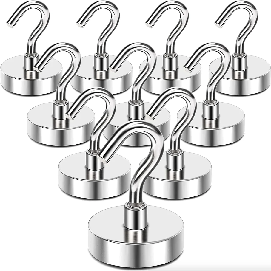 Ten silver metal magnetic hook brackets arranged in rows on a plain white background.