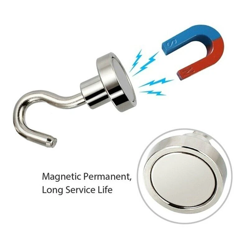 Magnetic hook and magnet with text 'Magnetic Permanent, Long Service Life' on a white background