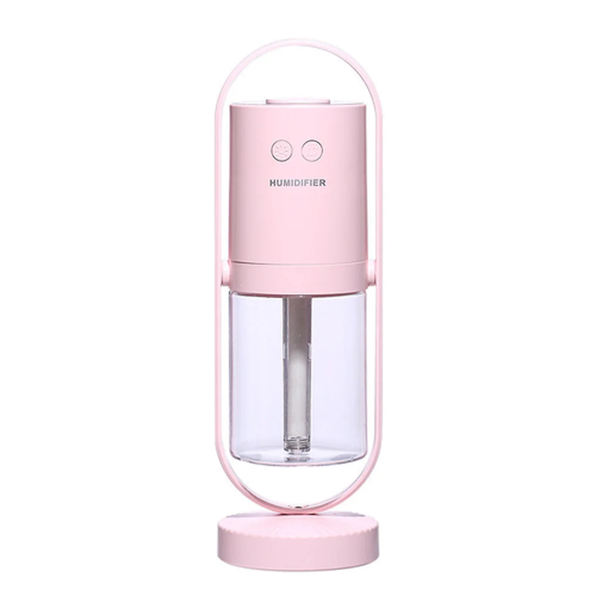 A pink portable personal humidifier with a clear water tank and a pink base, shown on a solid white background.