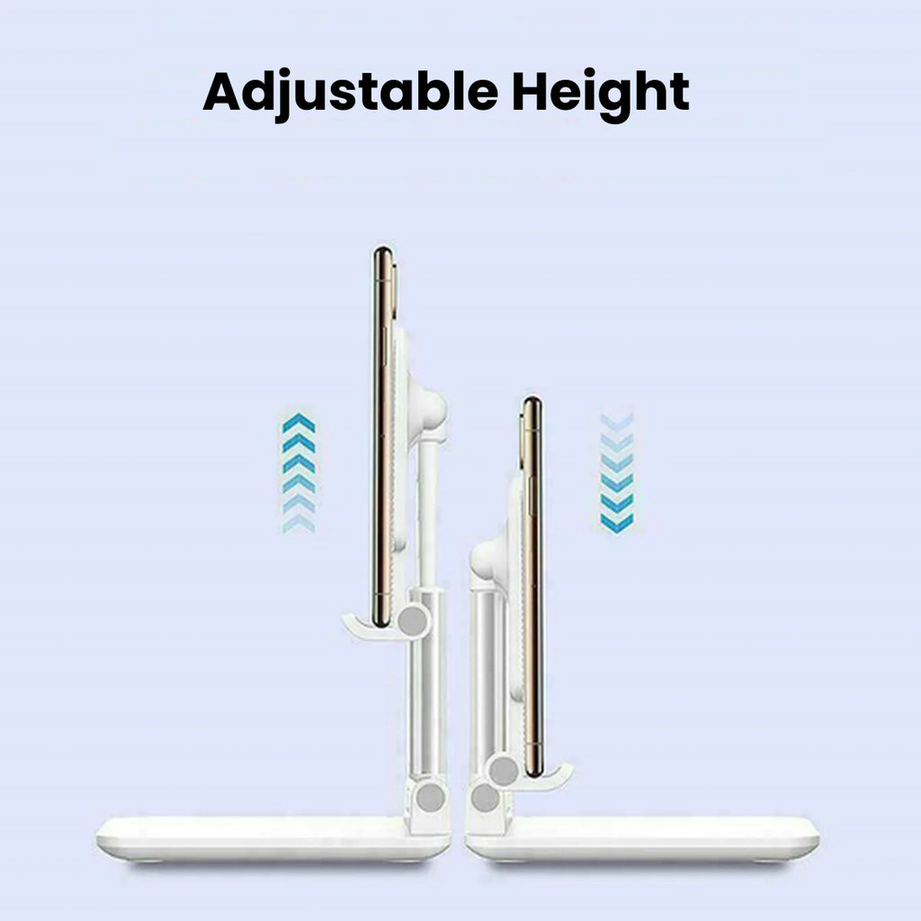 A white tablet stand shown in two height positions with the text 'Adjustable Height' above, on a pale blue background. Blue chevron arrows indicate the adjustable feature.