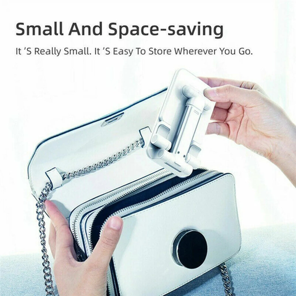 Small and space-saving product being placed into a handbag with text highlighting its portability.