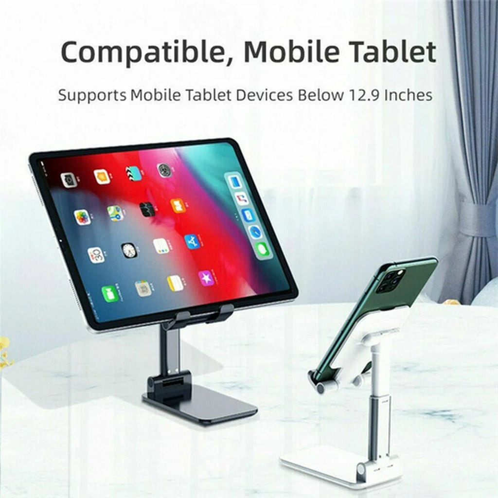 Tablet and smartphone stands on a white surface with text about tablet compatibility.