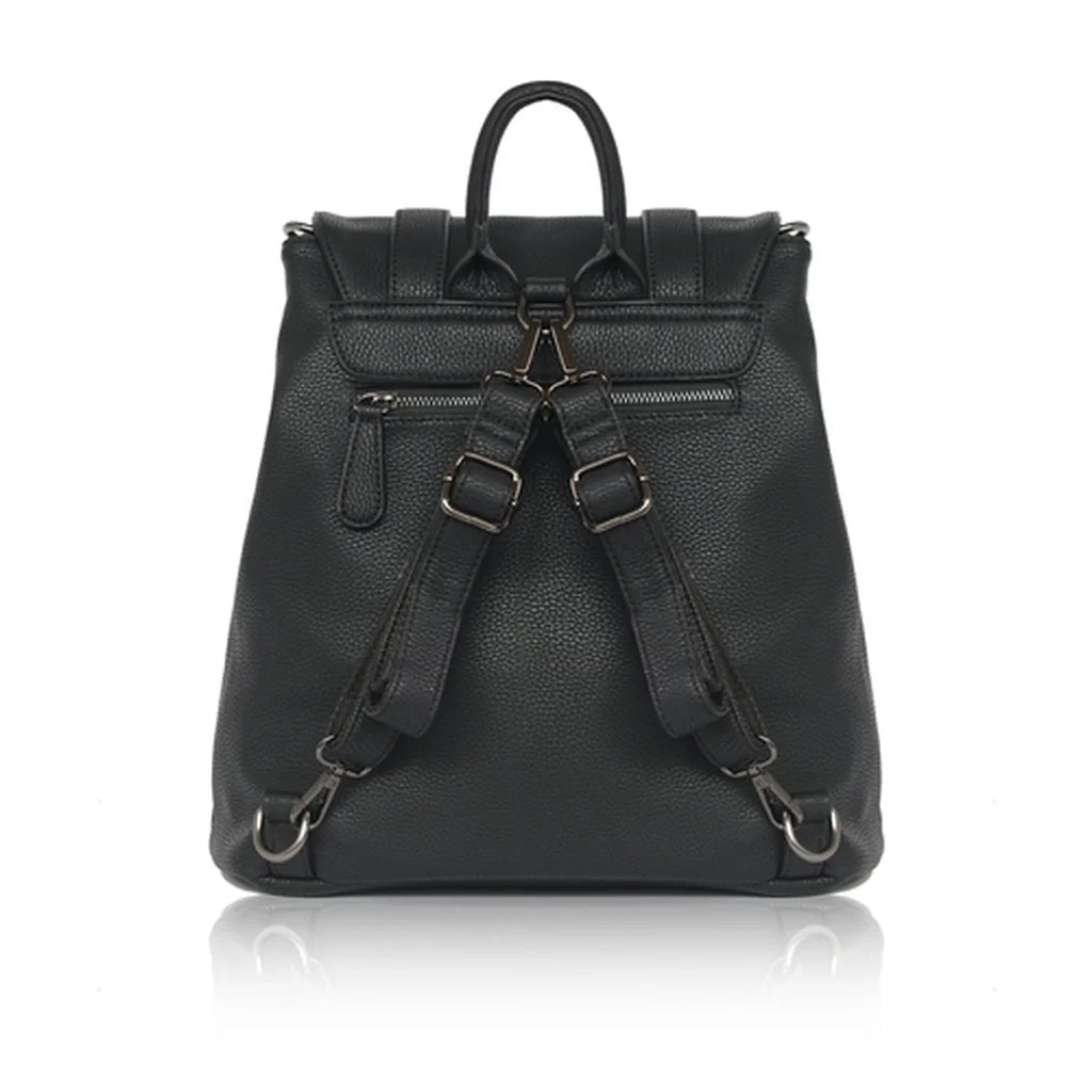 A black vegan leather backpack with dual top handles, a front zippered pocket, and adjustable shoulder straps with silver-tone metal hardware, shown against a plain white background.