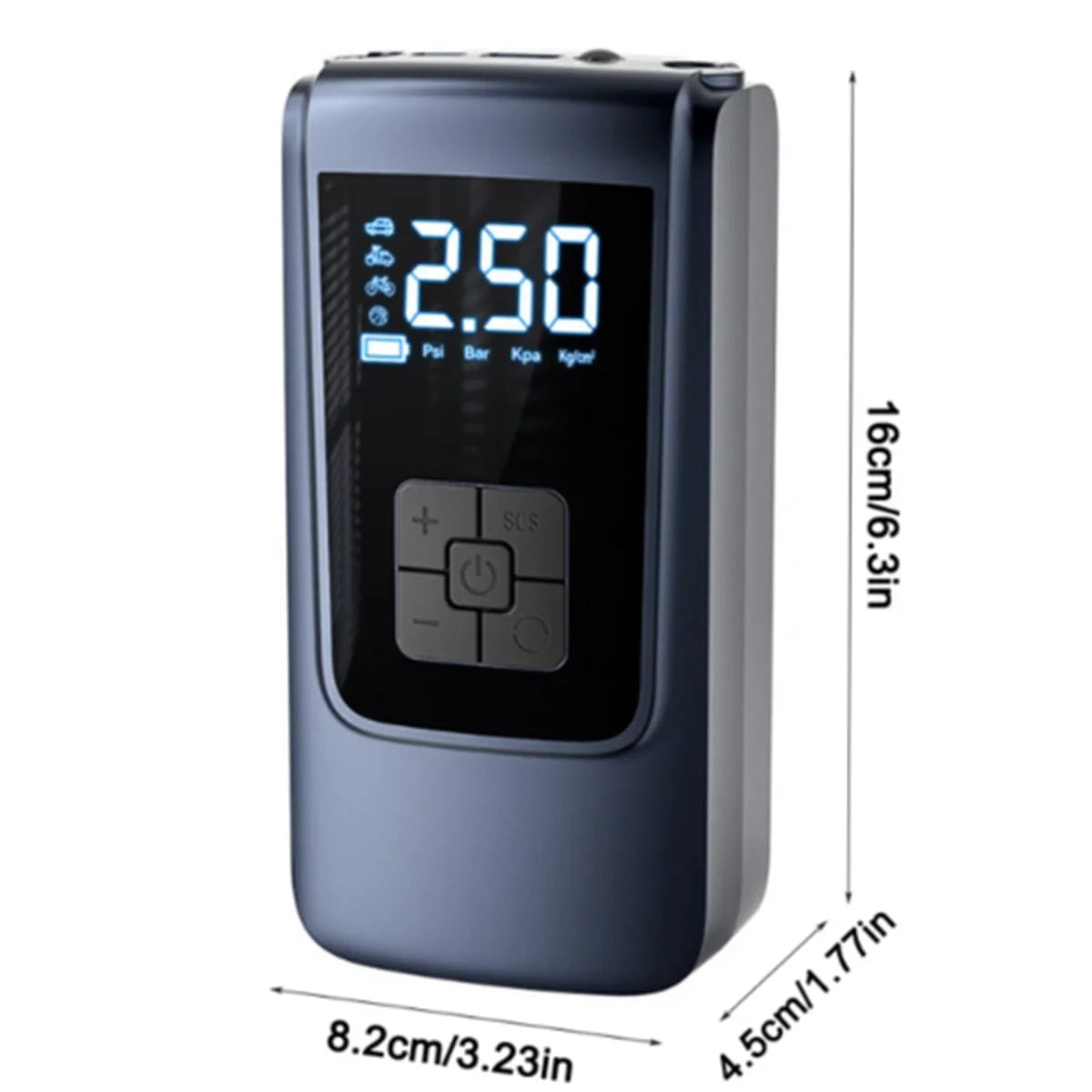 Digital device with a screen displaying numbers, accompanied by dimensions on a white background