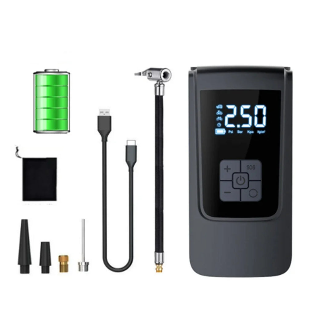 Collection of electronic devices including a digital display, charging cable, and various nozzles on a white background.