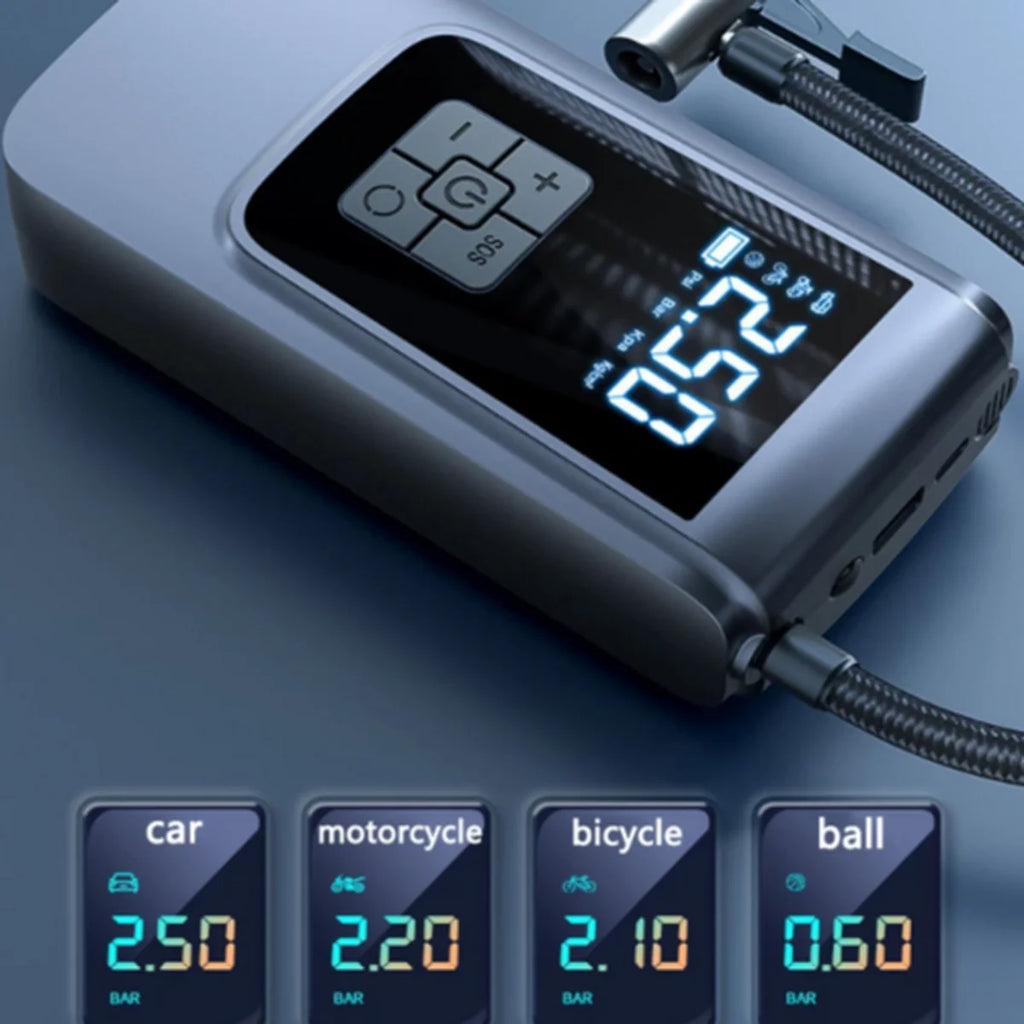 A portable electric air pump with a digital display screen showing pressure levels, shown alongside four smaller digital display screens indicating different vehicle types: car, motorcycle, bicycle, and ball.