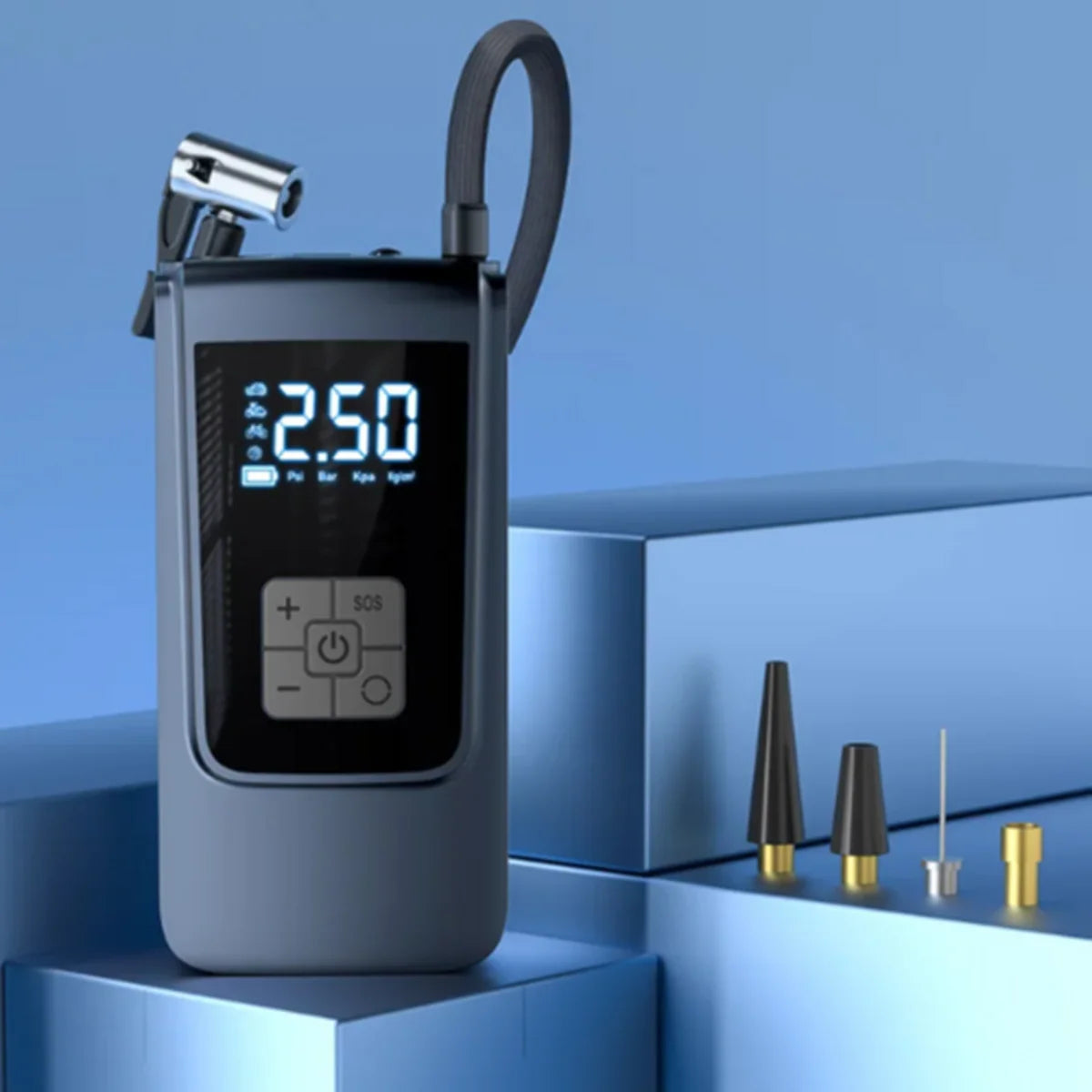 Electronic device with digital display on a blue geometric background