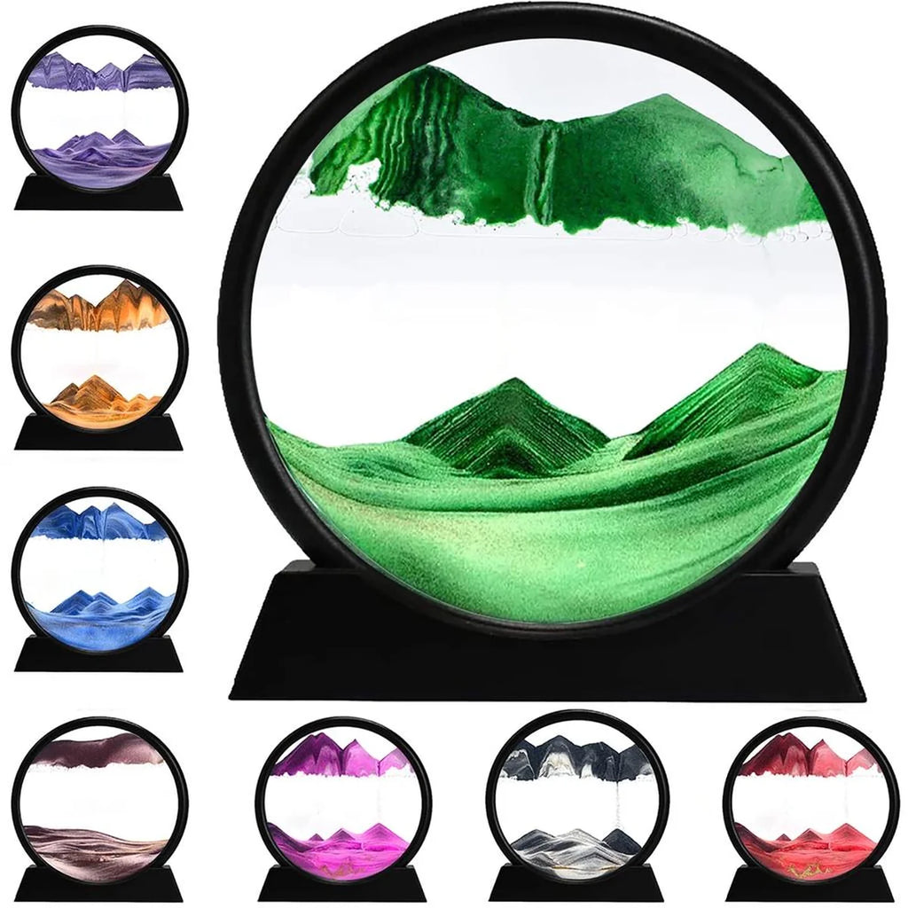 Round sand lamp with mountain design in green, surrounded by smaller versions of the lamp in various colors.