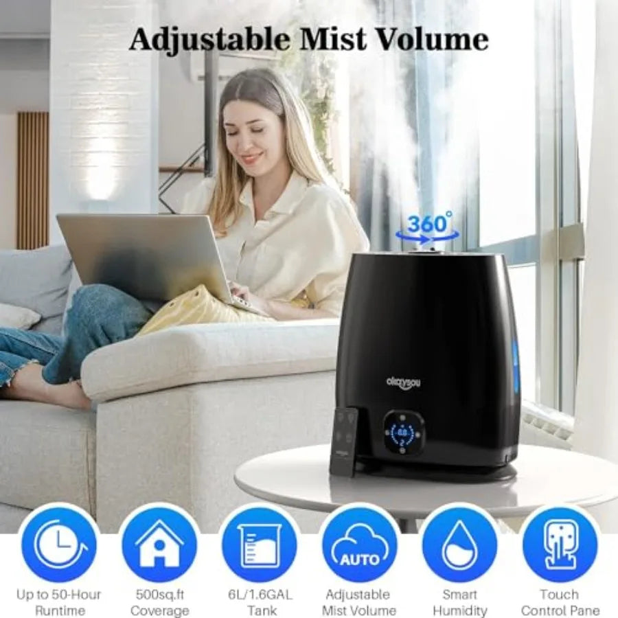 Humidifiers, 6L Smart Humidifier and Diffuser for Bedroom Large Room W/Remote Control, Filterless, 50 Hour Top Fill Cool Mist H