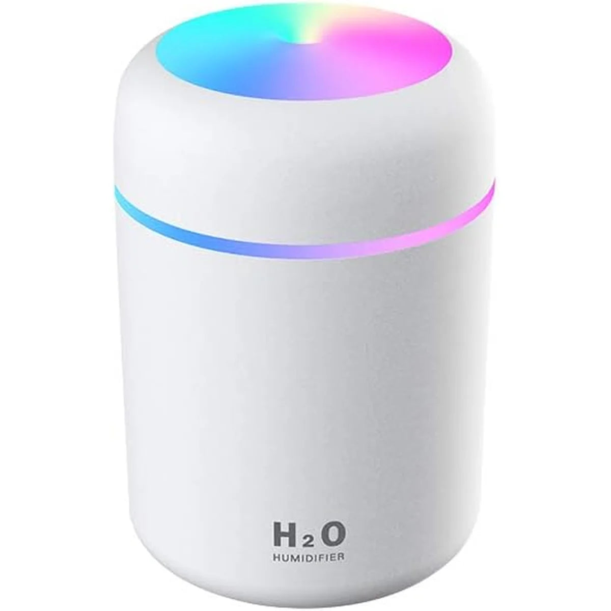 A white cylindrical H2O humidifier with a glowing multicolor LED light on top and a blue-purple light band around the middle, shown on a plain white background.