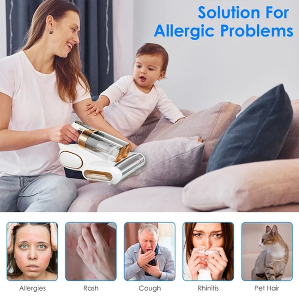Woman and child sitting on a couch with a vacuum cleaner, labeled 'Solution For Allergic Problems'.