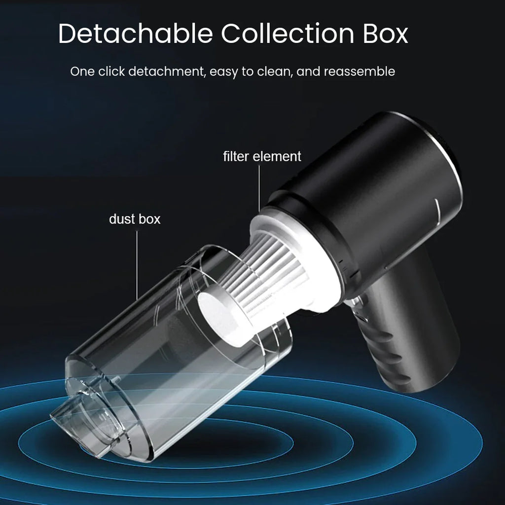 A handheld vacuum cleaner with its detachable clear dust box removed and angled beside it, on a dark blue background. White text labels identify the main body as the dust box, the cylindrical filter element, and the main canister as the collection box.