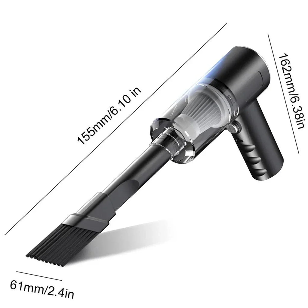 Handheld vacuum cleaner with dimensions labeled on a white background