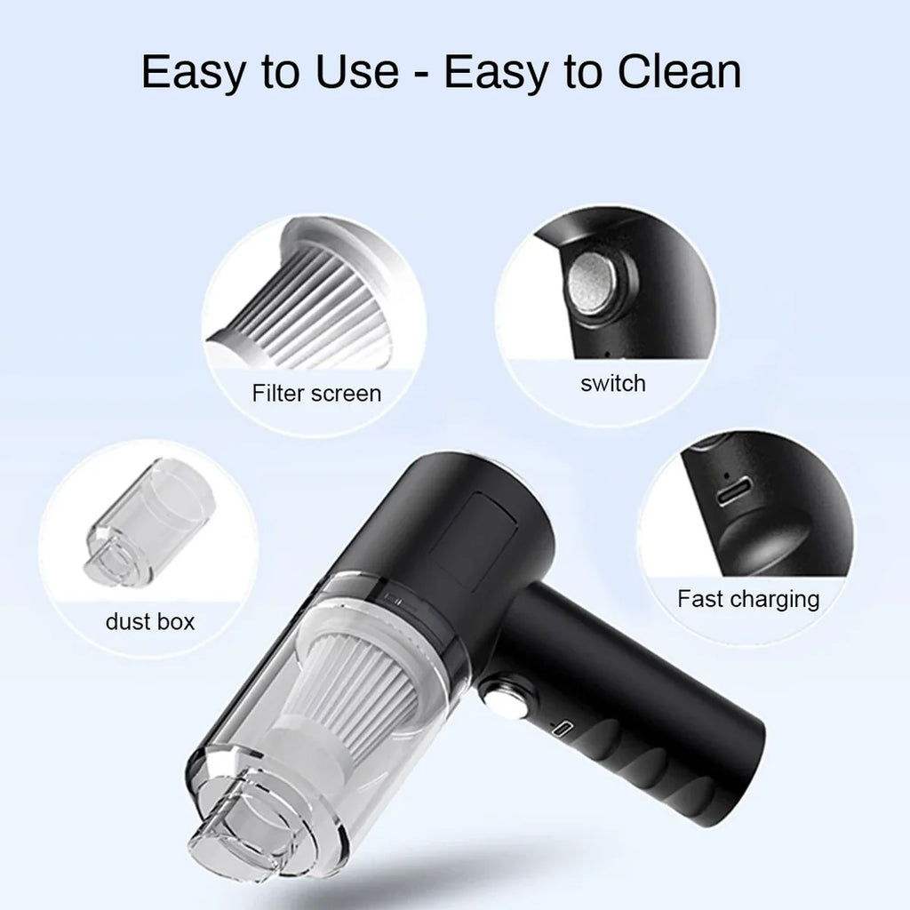 A handheld black and clear vacuum cleaner shown on a light blue background with text reading 'Easy to Use - Easy to Clean' and four circular callouts labeled filter screen, switch, dust box, and fast charging.