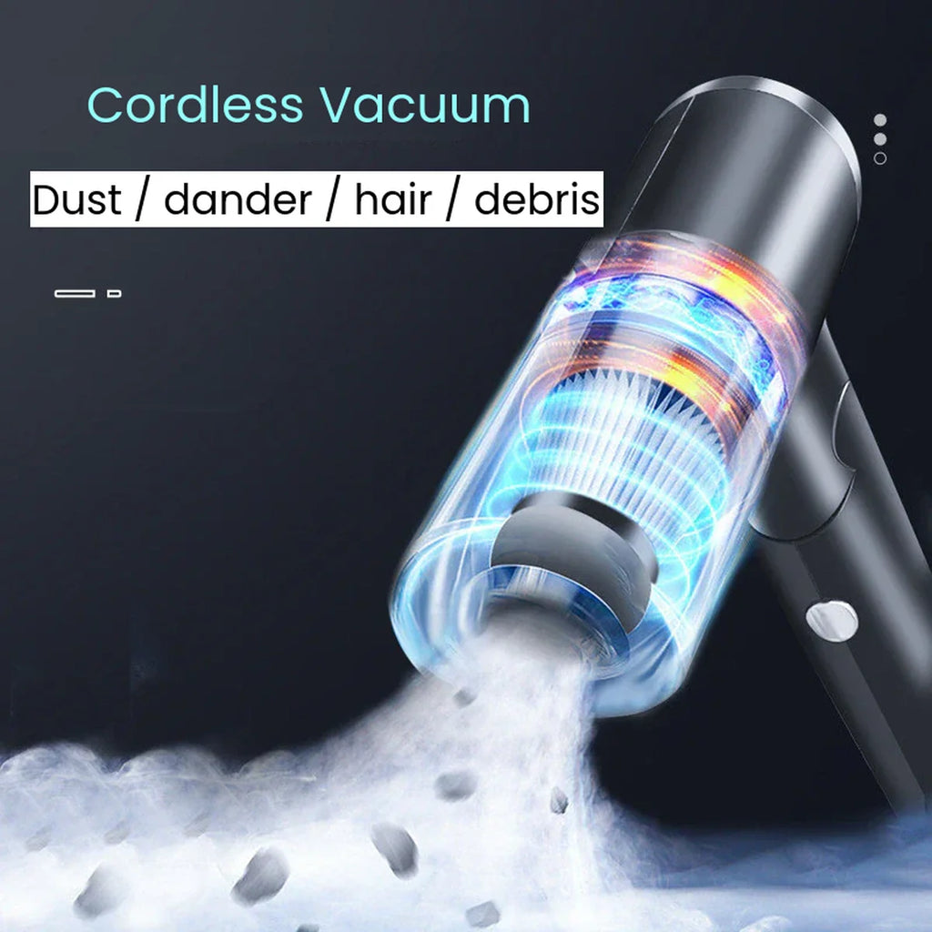 A cordless vacuum cleaner shown at an angle against a dark background, with glowing blue and orange light effects inside the transparent collection chamber and white debris being sucked into the nozzle. Text at the top reads 'AeroVac Cordless Vacuum' and 'Dust / dander / hair / debris'.